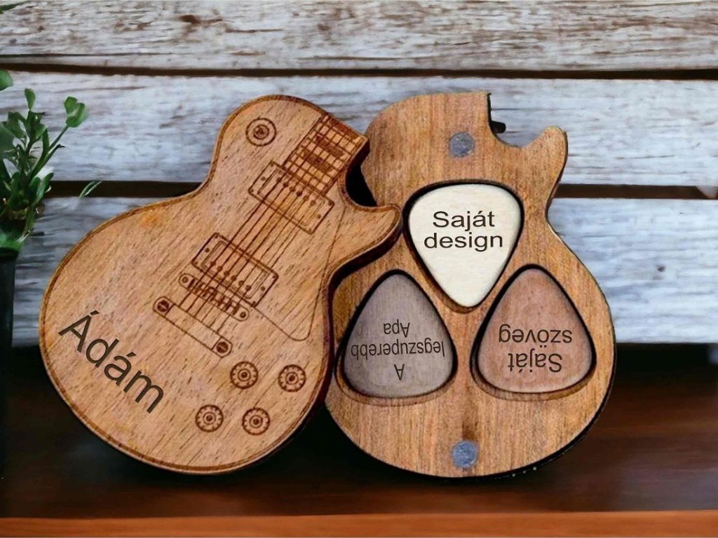 Egyedi fa gitárpengetők mágneses tartóval – Tökéletes személyre szabott ajándék gitárosoknak - Prémium gitárpengető – termékkép
